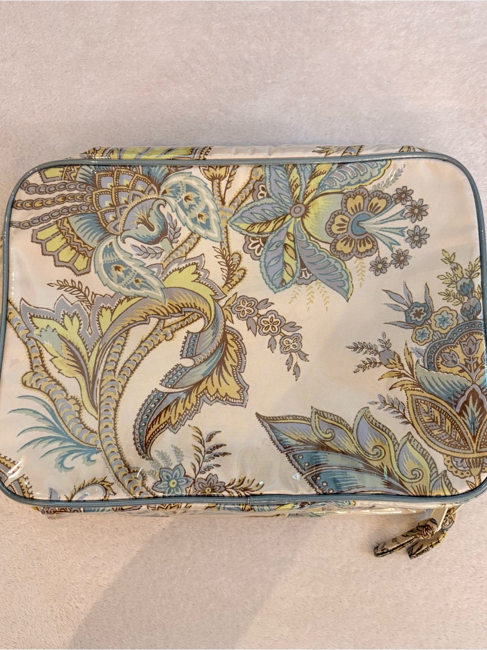 Pottery Barn Floral Tile Pattern Plastic Coated Cosmetic Case Cream Light Blue - Picture 1 of 12